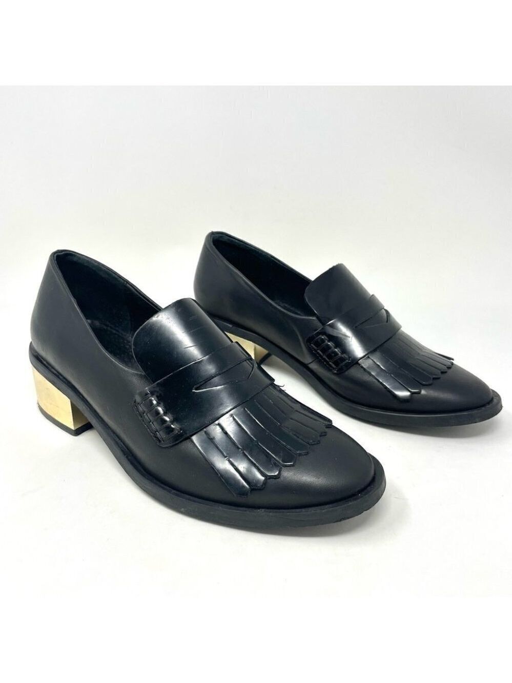 * Miista Black Leather Fringe Penny Loafers Size 36